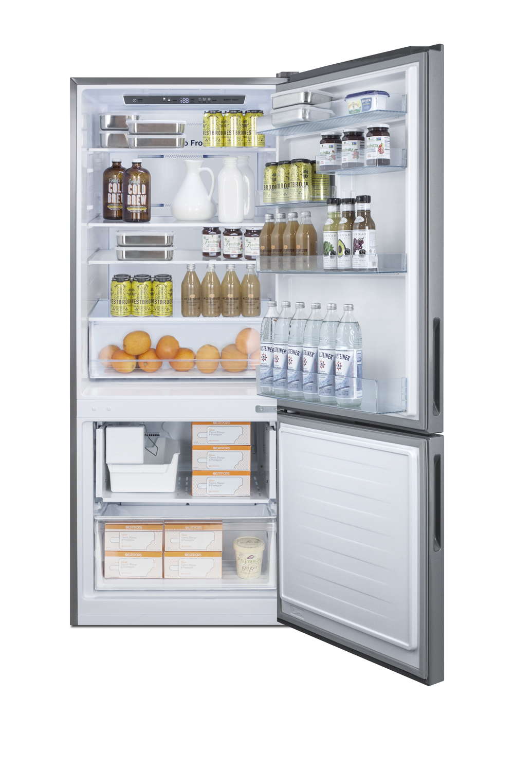 Frost-free bottom freezer refrigerator in stainless steel with factory-installed icemaker and digital controls and a counter depth fit